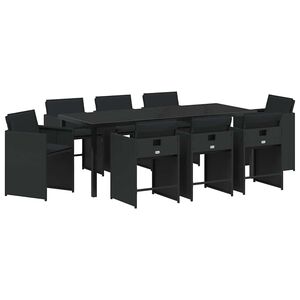 vidaXL Conjunto de Jantar para Jardim com almofada 9 pcs Preto vime PE