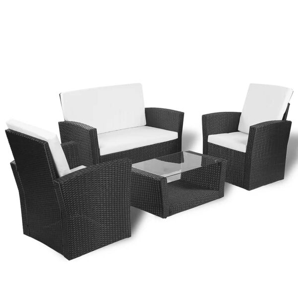 vidaXL 4 pcs conjunto lounge de jardim c/ almofadões vime PE preto