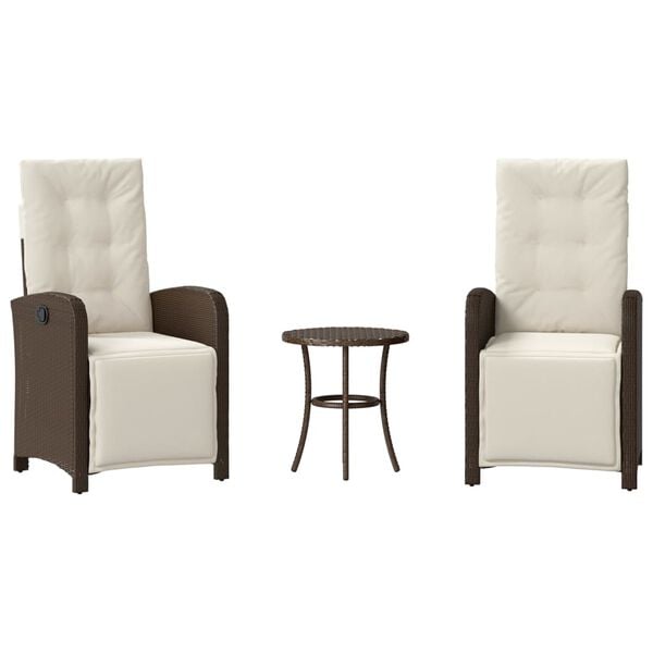 vidaXL 3 pcs conjunto bistr&ocirc; com almofad&otilde;es vime PE castanho