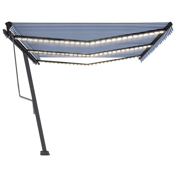 vidaXL Toldo autom. c/ LED e sensor de vento 600x350 cm azul/branco