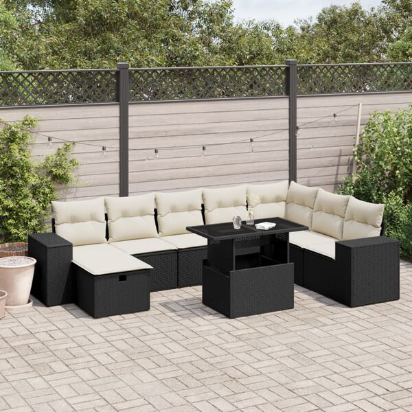vidaXL 9 pcs conjunto de sof&aacute;s p/ jardim c/ almofad&otilde;es vime PE preto