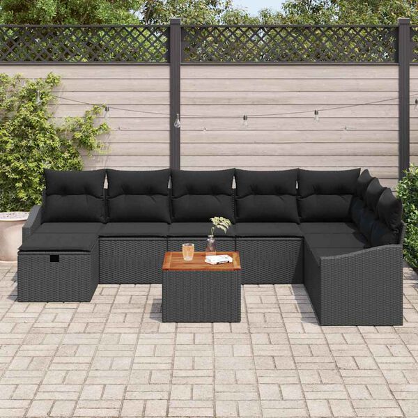 vidaXL Conjunto de Sof&aacute; de Jardim com almofada 9 pcs Preto vime PE