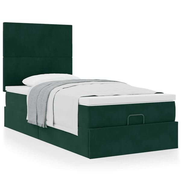 vidaXL Estrutura de cama otomana colch&otilde;es 90x200cm veludo verde escuro