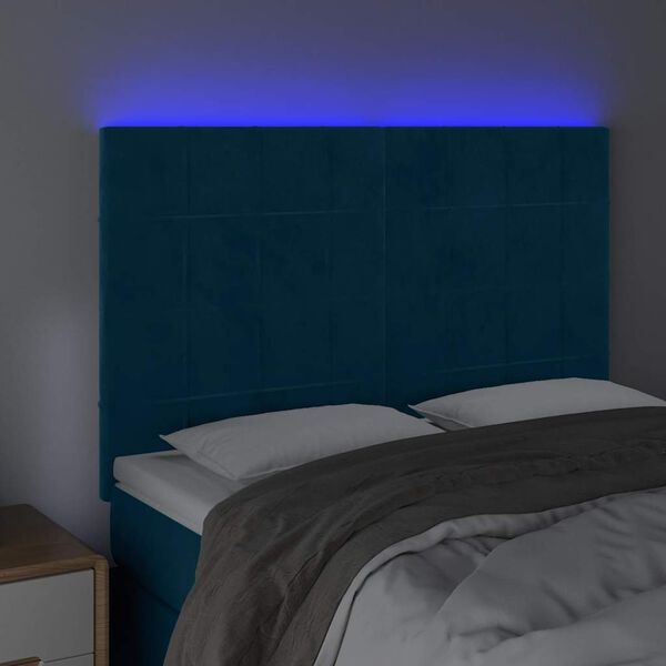 vidaXL Cabeceira cama c/ luzes LED veludo 144x5x118/128cm azul-escuro