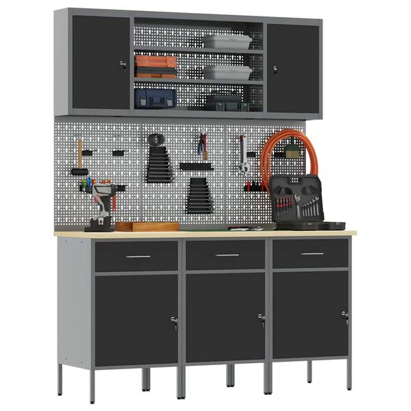 vidaXL Arm&aacute;rio de Trabalho 7 pcs Preto Madeira de Engenharia e A&ccedil;o