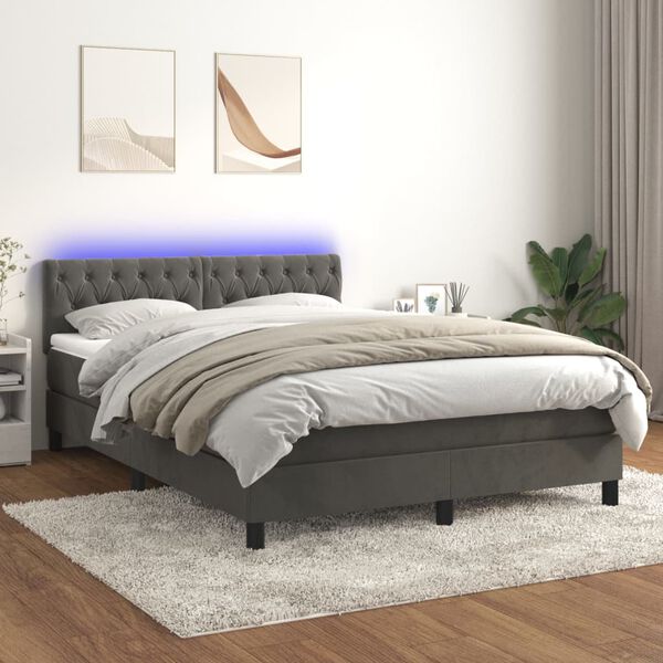 vidaXL Cama box spring c/ colch&atilde;o/LED 140x190cm veludo cinzento-escuro