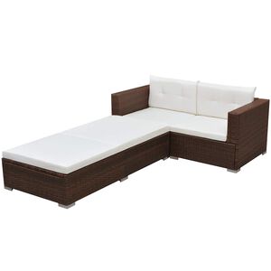 vidaXL 3 pcs conjunto lounge jardim c/ almofad&otilde;es vime PE castanho
