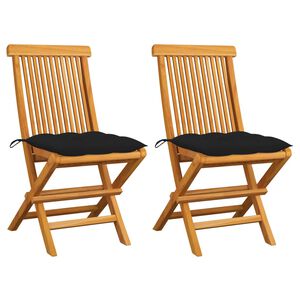 vidaXL Conjunto de 2 cadeiras dobr&aacute;veis com almofadas pretas em madeira maci&ccedil;a de teca.