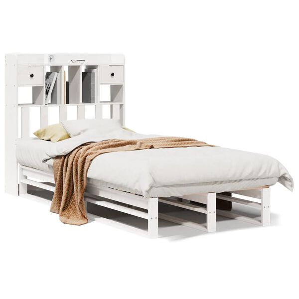 vidaXL Cama com estante sem colch&atilde;o 90x190 cm pinho maci&ccedil;o branco