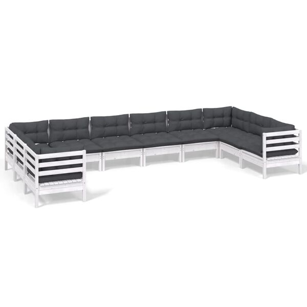 vidaXL 10 pcs conjunto lounge de jardim c/ almofadões pinho branco