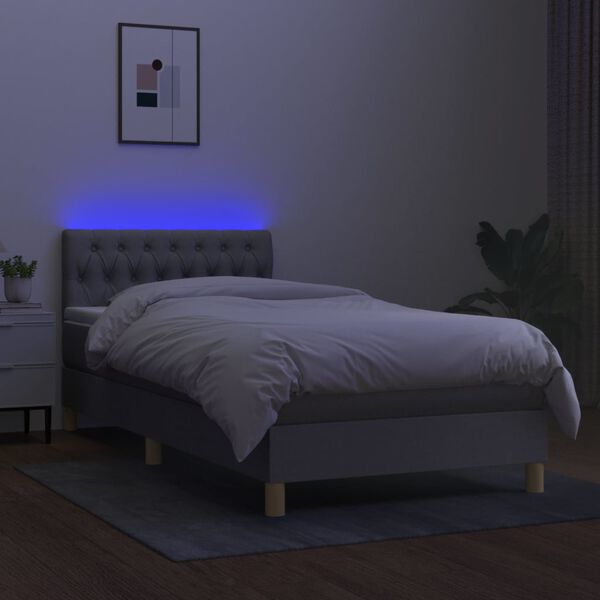 vidaXL Cama box spring c/ colch&atilde;o e LED 90x190 cm tecido cinza-claro