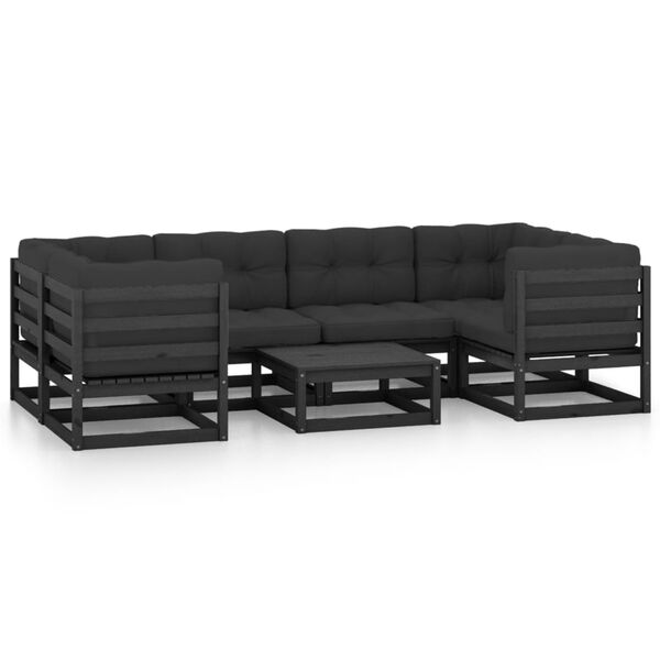 vidaXL 7 pcs conjunto longue jardim c/ almofad&otilde;es pinho maci&ccedil;o preto