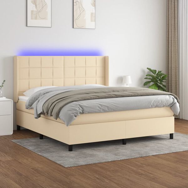 vidaXL Cama box spring c/ colch&atilde;o e LED 180x200 cm tecido cor creme