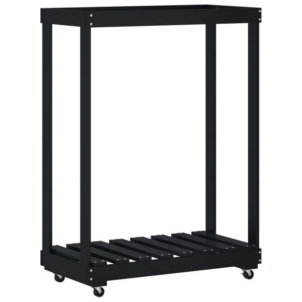 vidaXL Suporte de lenha c/ rodas 76,5x40x108 cm pinho maci&ccedil;o preto