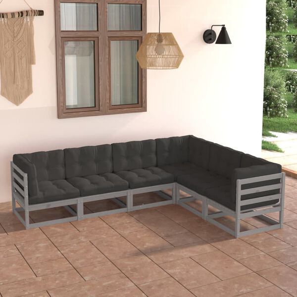 vidaXL 6 pcs conjunto lounge de jardim c/ almofad&otilde;es pinho maci&ccedil;o