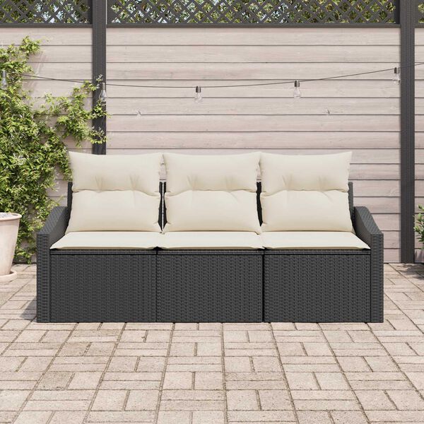 vidaXL Conjunto de Sof&aacute;s com almofada 3 pcs Preto vime PE