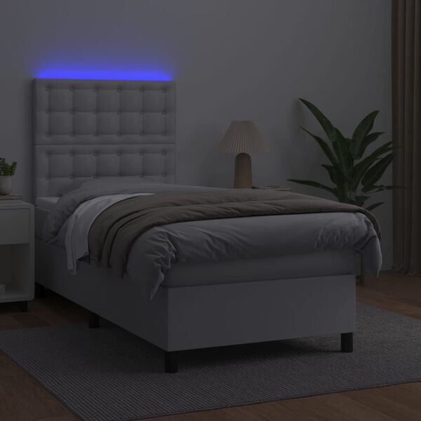 vidaXL Cama box spring c/ colch&atilde;o/LED 90x200cm couro artificial branco