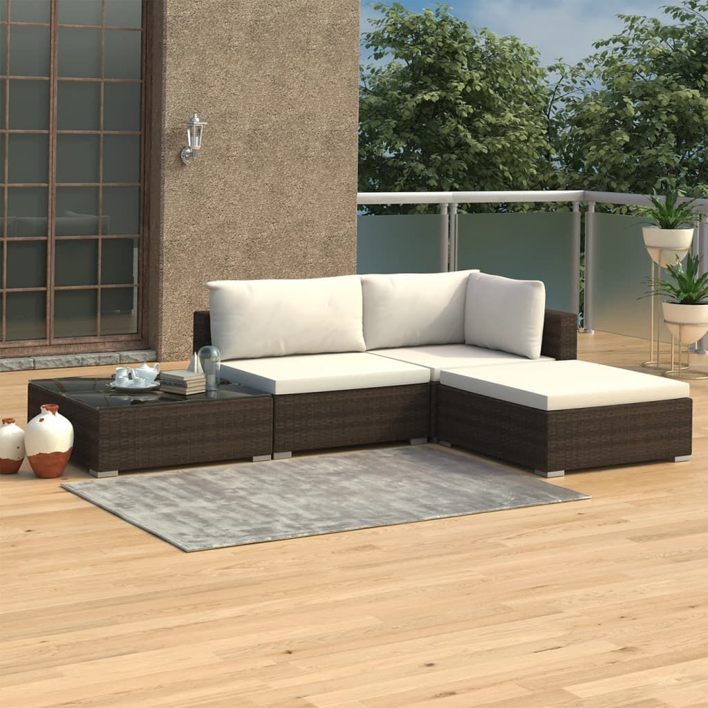 vidaXL 4 pcs conjunto lounge jardim c/ almofadões vime PE castanho