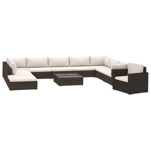 vidaXL 11 pcs conjunto lounge jardim c/ almofad&otilde;es vime PE castanho