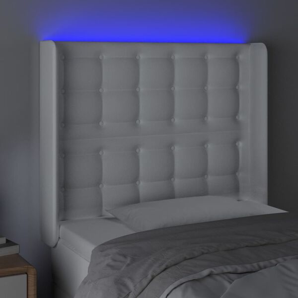 vidaXL Cabeceira cama c/ LED couro artificial 103x16x118/128 cm branco