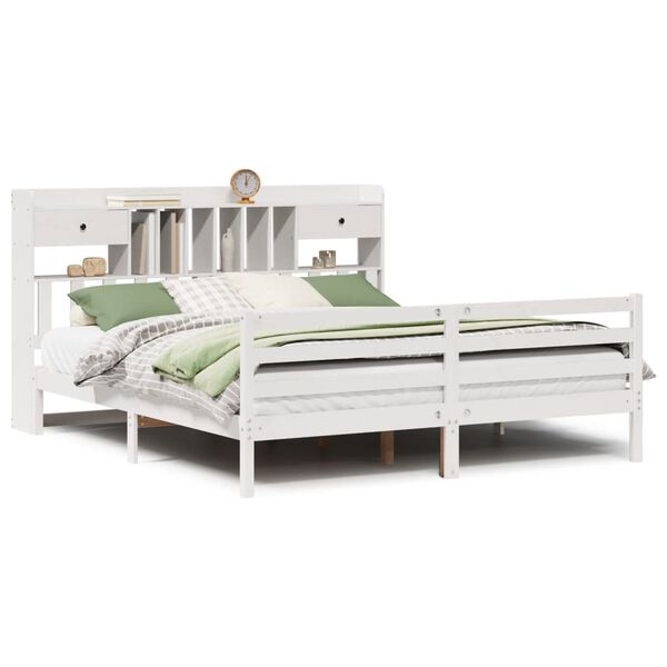 vidaXL Cama com estante sem colchão 180x200 cm pinho maciço branco