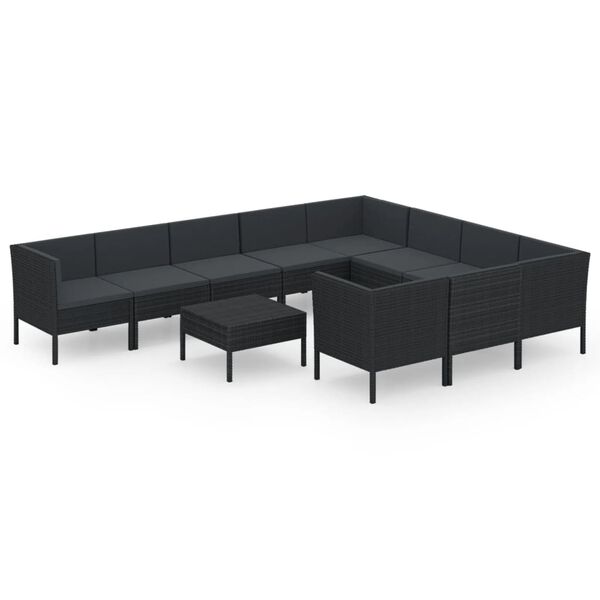 vidaXL 11 pcs conjunto lounge de jardim c/ almofad&otilde;es vime PE preto