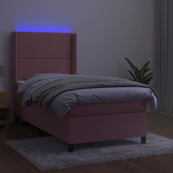 vidaXL Cama box spring c/ colch&atilde;o/LED 90x190 cm veludo rosa
