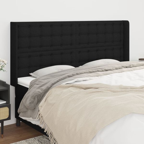 vidaXL Cabeceira de cama c/ abas tecido 163x16x118/128 cm preto