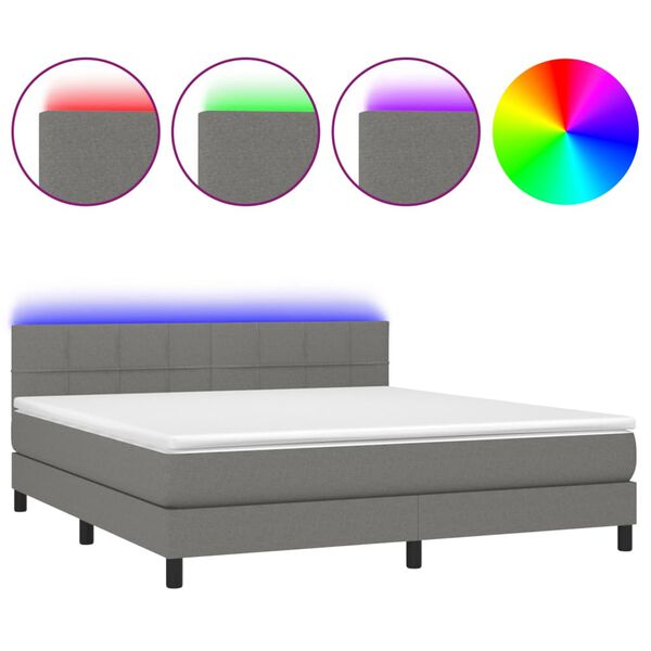 vidaXL Cama box spring c/ colch&atilde;o e LED 180x200 cm tecido cinza-escuro