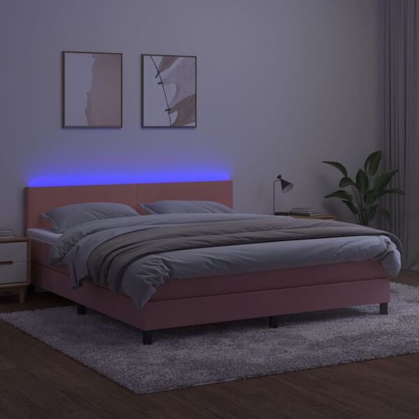 vidaXL Cama box spring c/ colch&atilde;o/LED 180x200 cm veludo rosa