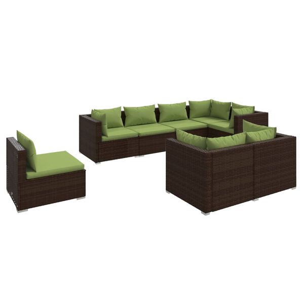 vidaXL 8 pcs conjunto lounge de jardim c/ almofadões vime PE castanho