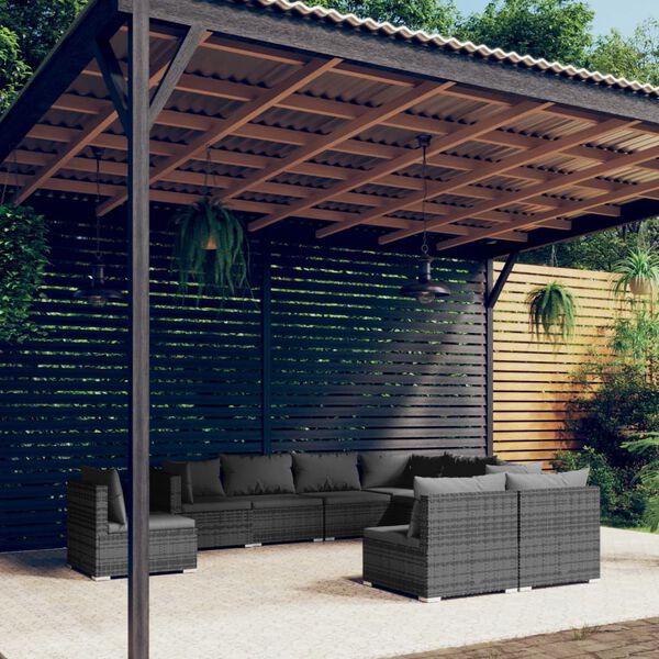 vidaXL 9 pcs conjunto lounge de jardim c/ almofad&otilde;es vime PE cinzento