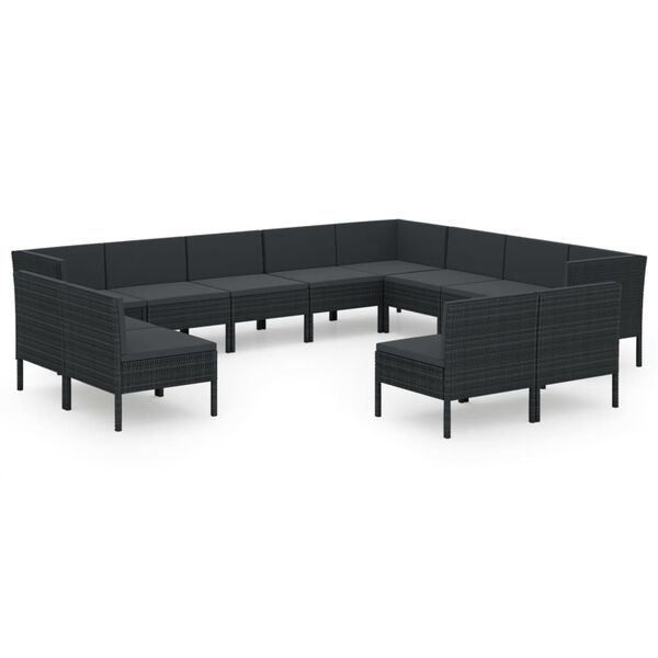 vidaXL 12 pcs conjunto lounge de jardim c/ almofad&otilde;es vime PE preto