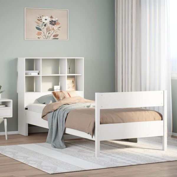 vidaXL Cama com estante sem colch&atilde;o 90x200 cm pinho maci&ccedil;o branco