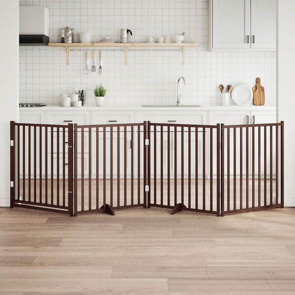 vidaXL Port&atilde;o p/ c&atilde;es c/ porta dobr&aacute;vel 4 pain&eacute;is abeto carv. castanho