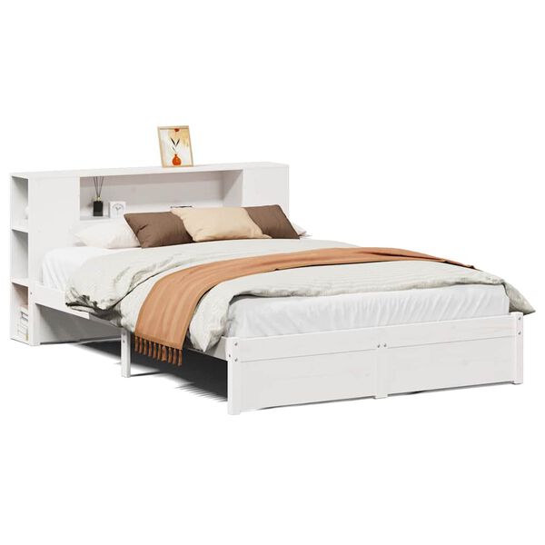 vidaXL Cama com estante sem colch&atilde;o 140x190 cm pinho maci&ccedil;o branco