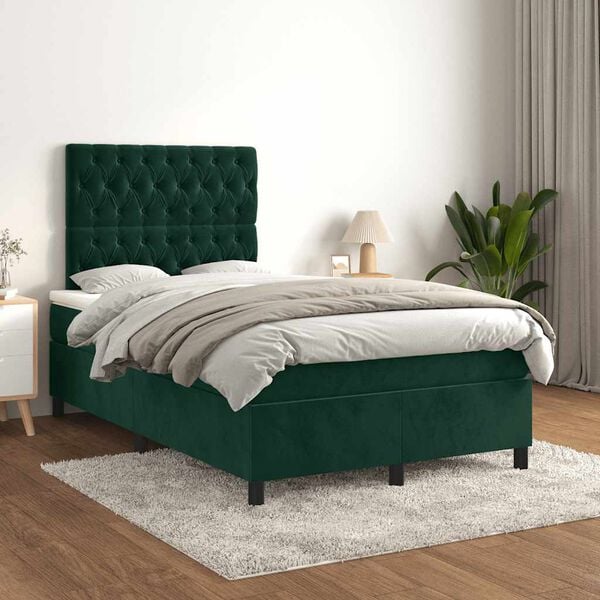 vidaXL Cama boxspring com colch&atilde;o 120x190 cm veludo verde-escuro