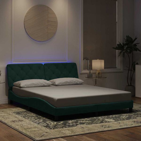 vidaXL Estrutura de cama com LED sem colch&atilde;o 160x200 cm veludo verde-escuro