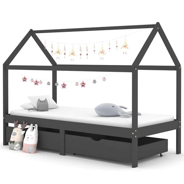 vidaXL Cama p/ crian&ccedil;as c/ gavetas 90x200 cm pinho maci&ccedil;o cinza-escuro