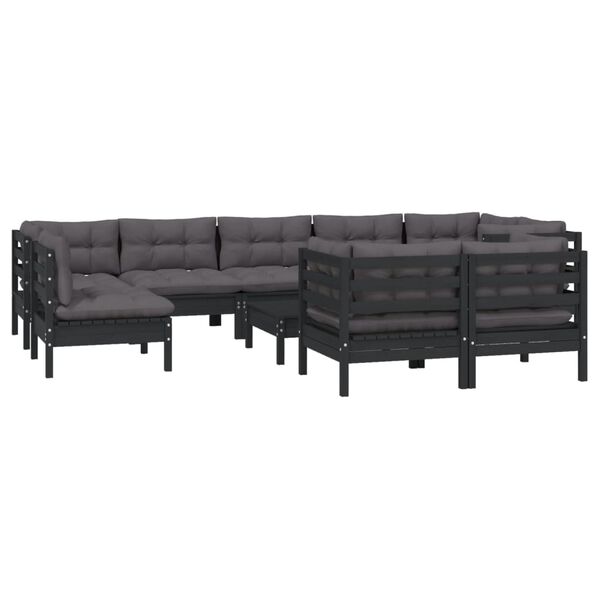 vidaXL 10 pcs conjunto lounge jardim c/ almofad&otilde;es pinho maci&ccedil;o preto