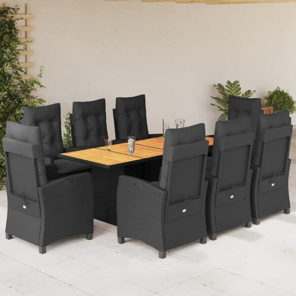 vidaXL 9 pcs conjunto de jantar p/ jardim c/ almofad&otilde;es vime PE preto