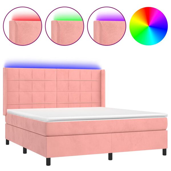 vidaXL Cama box spring c/ colch&atilde;o/LED 180x200 cm veludo rosa