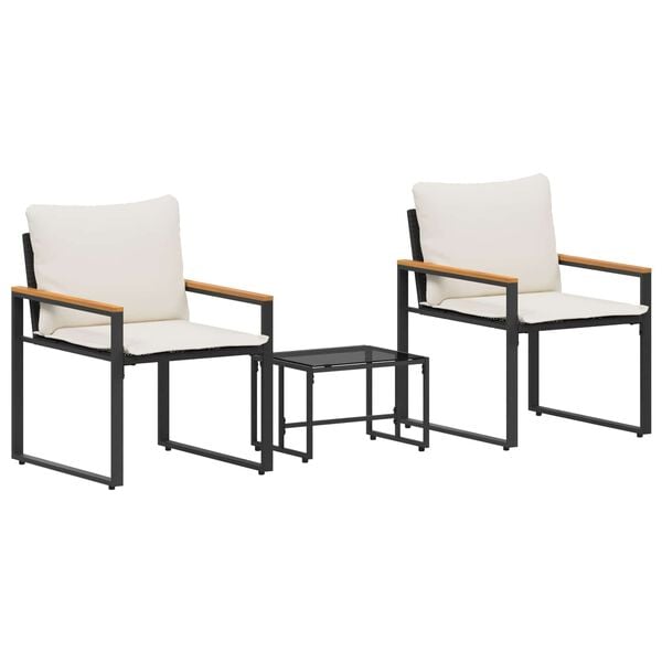 vidaXL Conjuntos de m&oacute;veis 3 pcs Preto e Branco Creme Vime