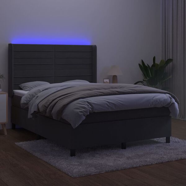 vidaXL Cama box spring c/ colch&atilde;o/LED 140x200cm veludo cinzento-escuro