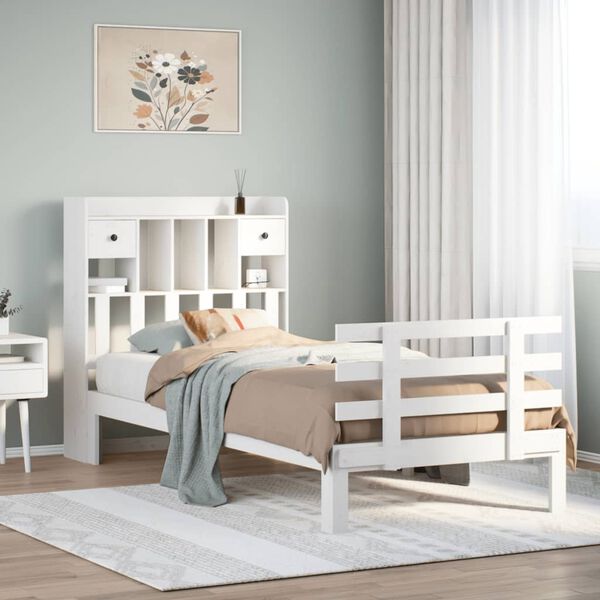 vidaXL Cama com estante sem colch&atilde;o 90x190 cm pinho maci&ccedil;o branco