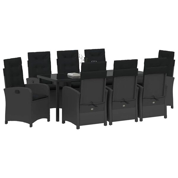 vidaXL Conjunto de Jantar para Jardim com almofada 9 pcs Preto vime PE