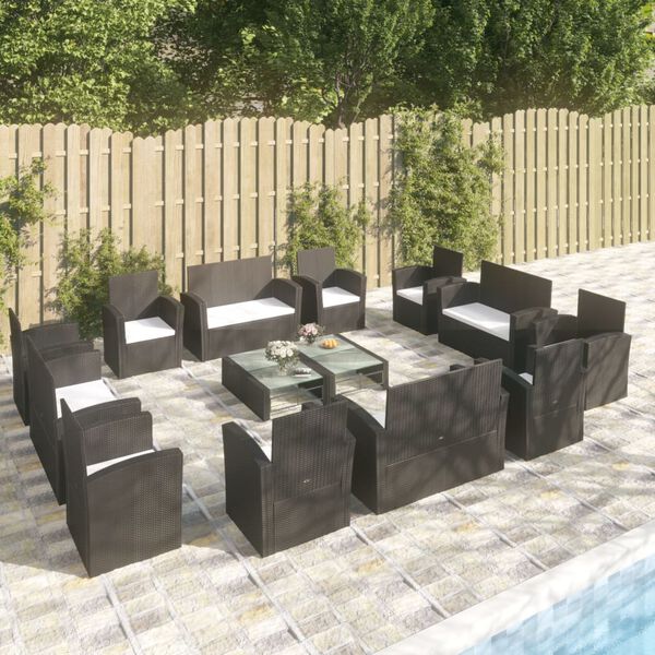 vidaXL 16 pcs conjunto lounge de jardim c/ almofad&otilde;es vime PE preto