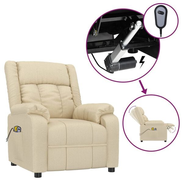 vidaXL Poltrona elevatória de massagens elétrica tecido creme