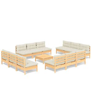 vidaXL 13 pcs conjunto lounge jardim c/ almofad&otilde;es cor creme pinho