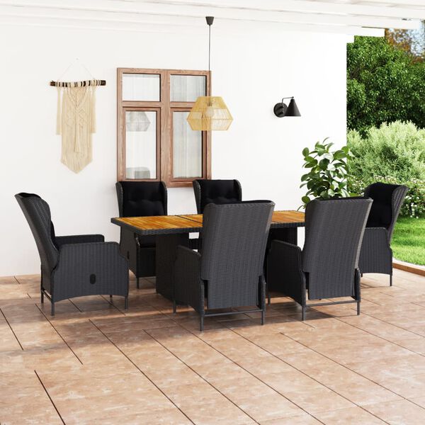 vidaXL 7 pcs conj. jantar exterior c/ almofad&otilde;es vime PE cinza-escuro